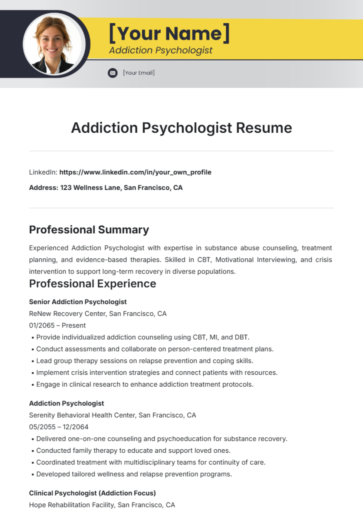 Addiction Psychologist Resume Template - Edit Online & Download