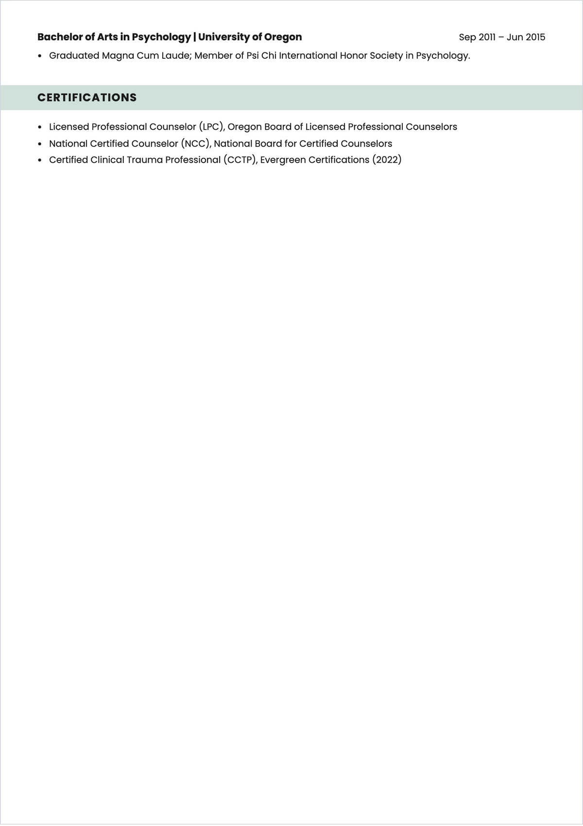 Free Printable Masters Psychologist ATS Resume Template