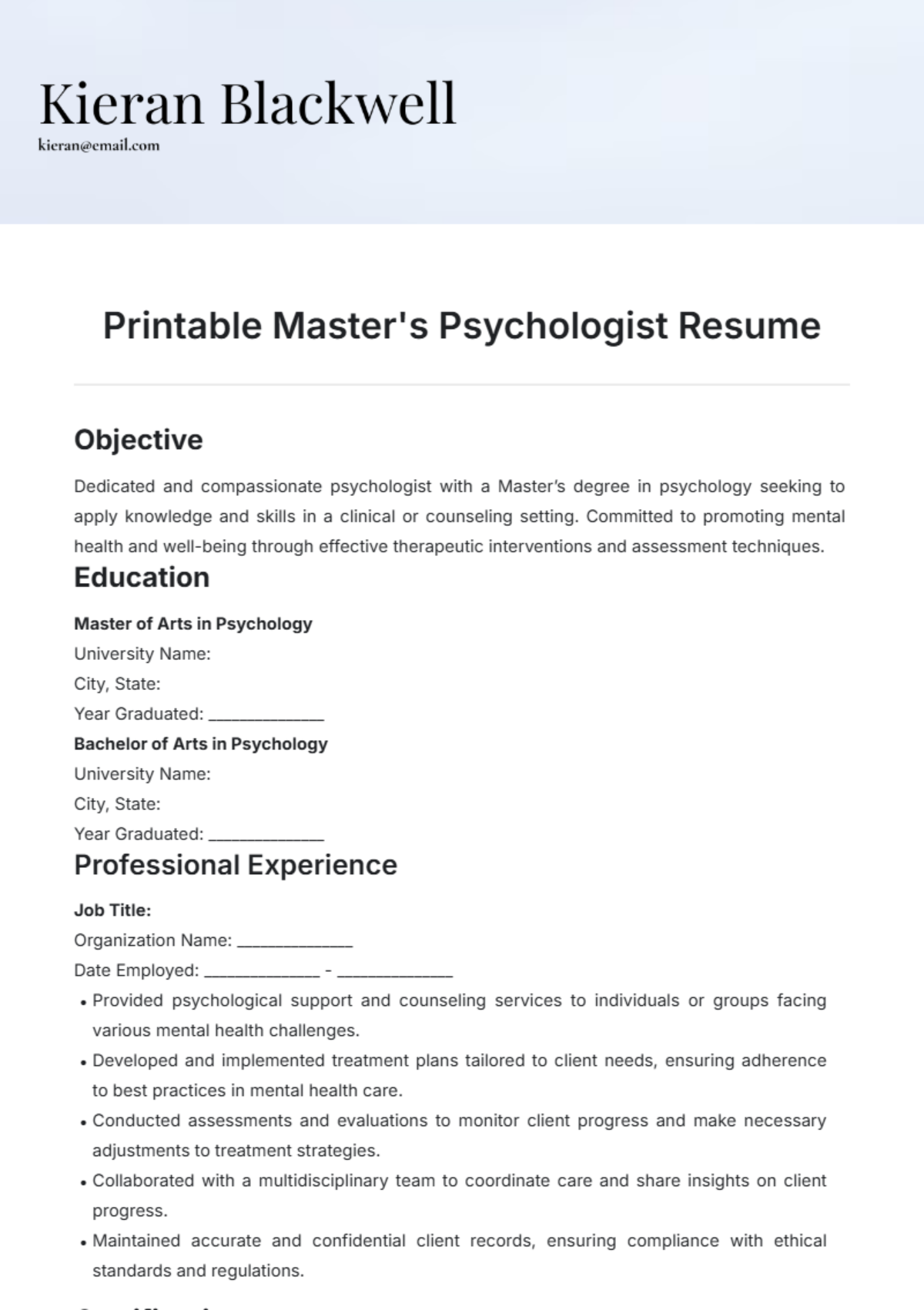 Printable Masters Psychologist Resume Template - Edit Online & Download