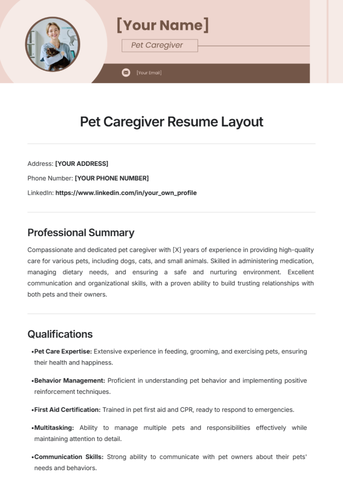 Pet Caregiver Resume Layout Template - Edit Online & Download