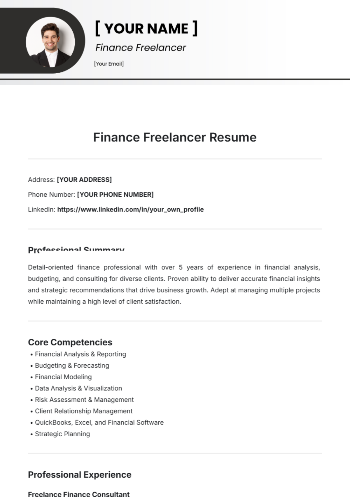 Finance Freelancer Resume Template - Edit Online & Download