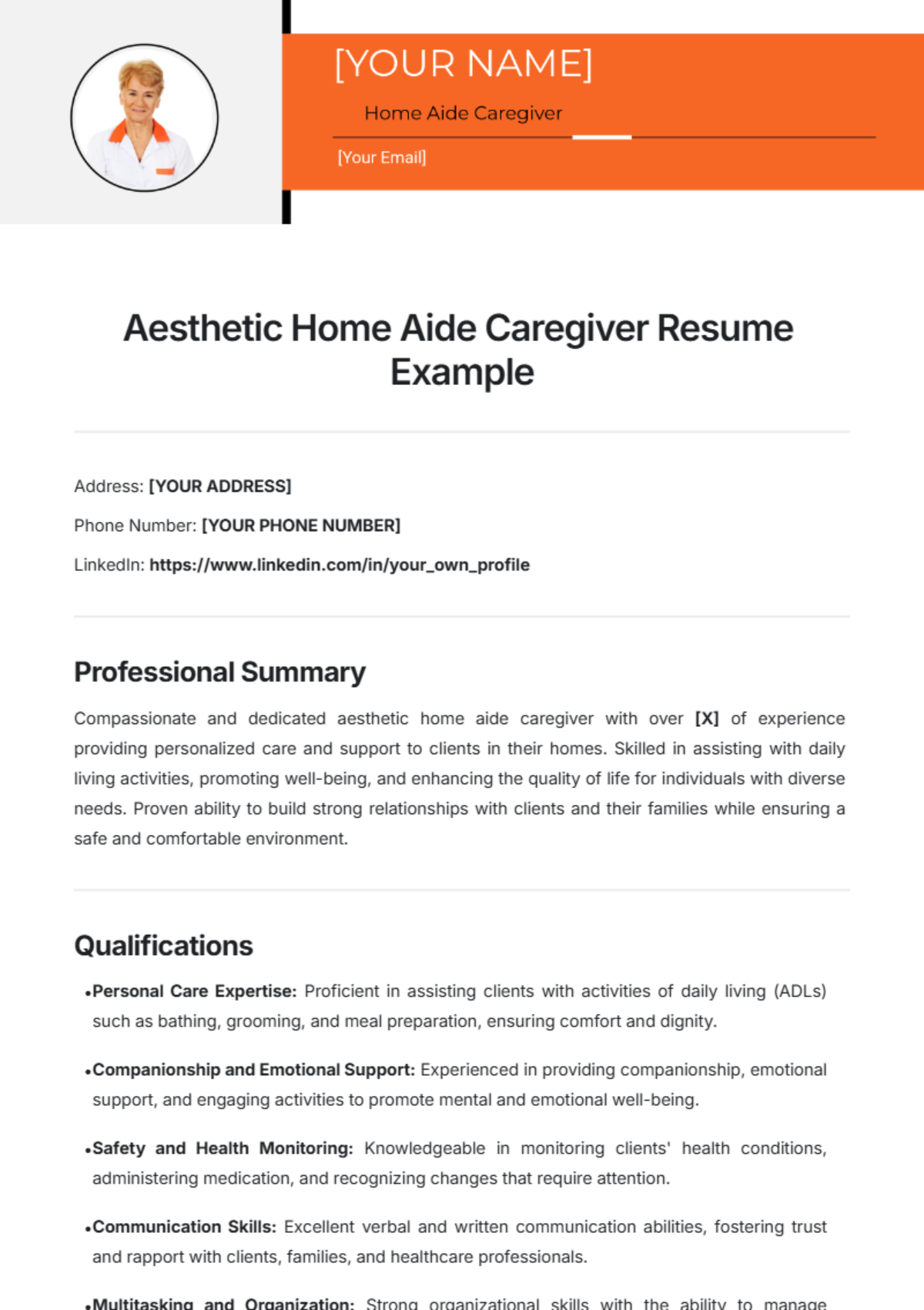 Aesthetic Home Aide Caregiver Resume Example Template - Edit Online & Download