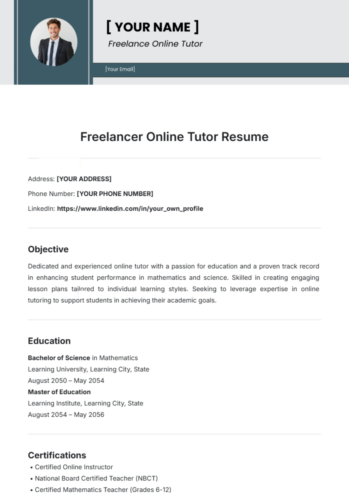 Freelancer Online Tutor Resume Template - Edit Online & Download