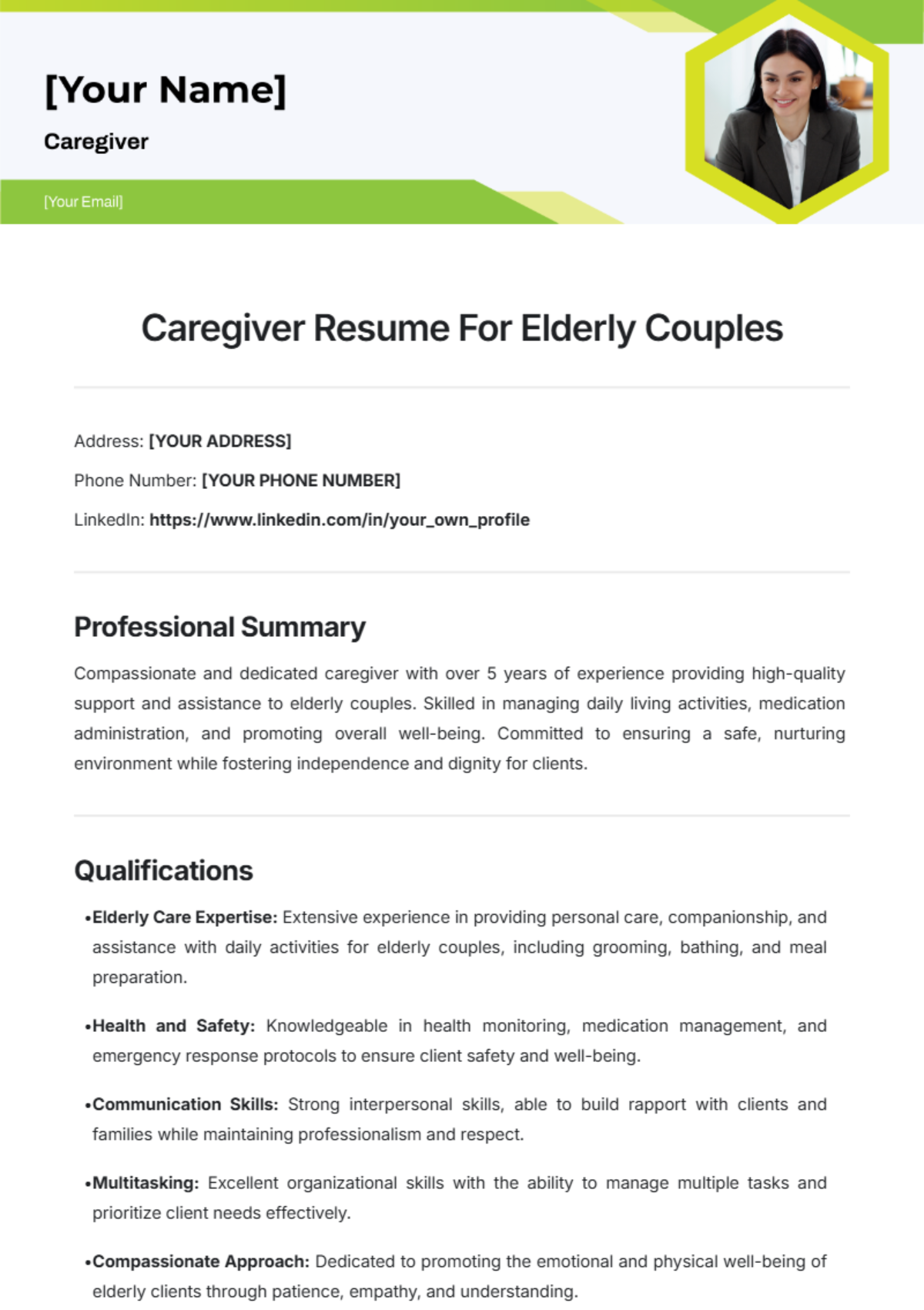 Caregiver Resume For Elderly Couples Template - Edit Online & Download