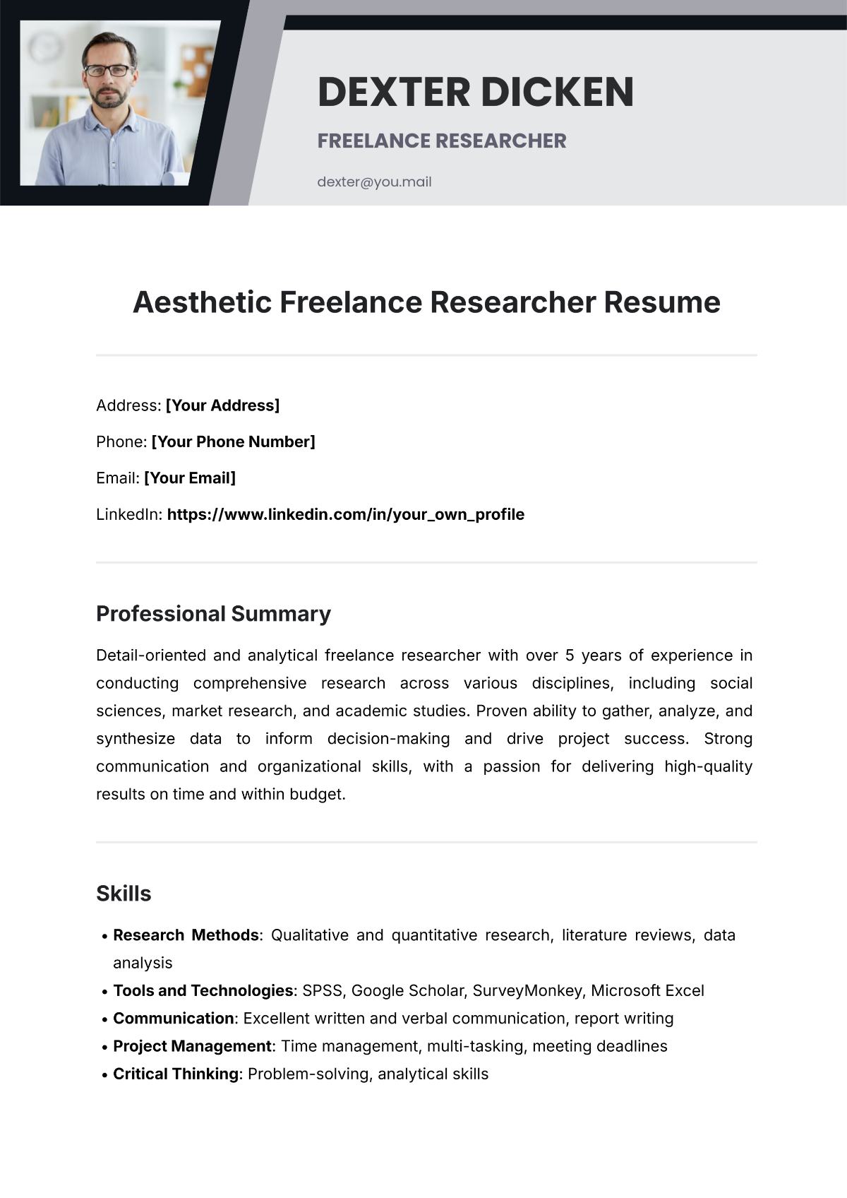 Aesthetic Freelance Researcher Resume Template - Edit Online & Download