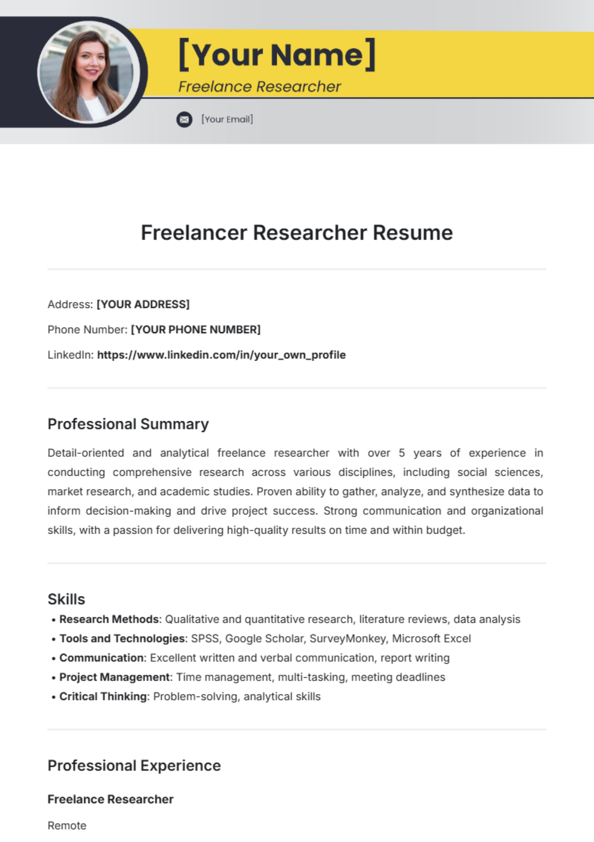 Freelancer Researcher Resume Template - Edit Online & Download