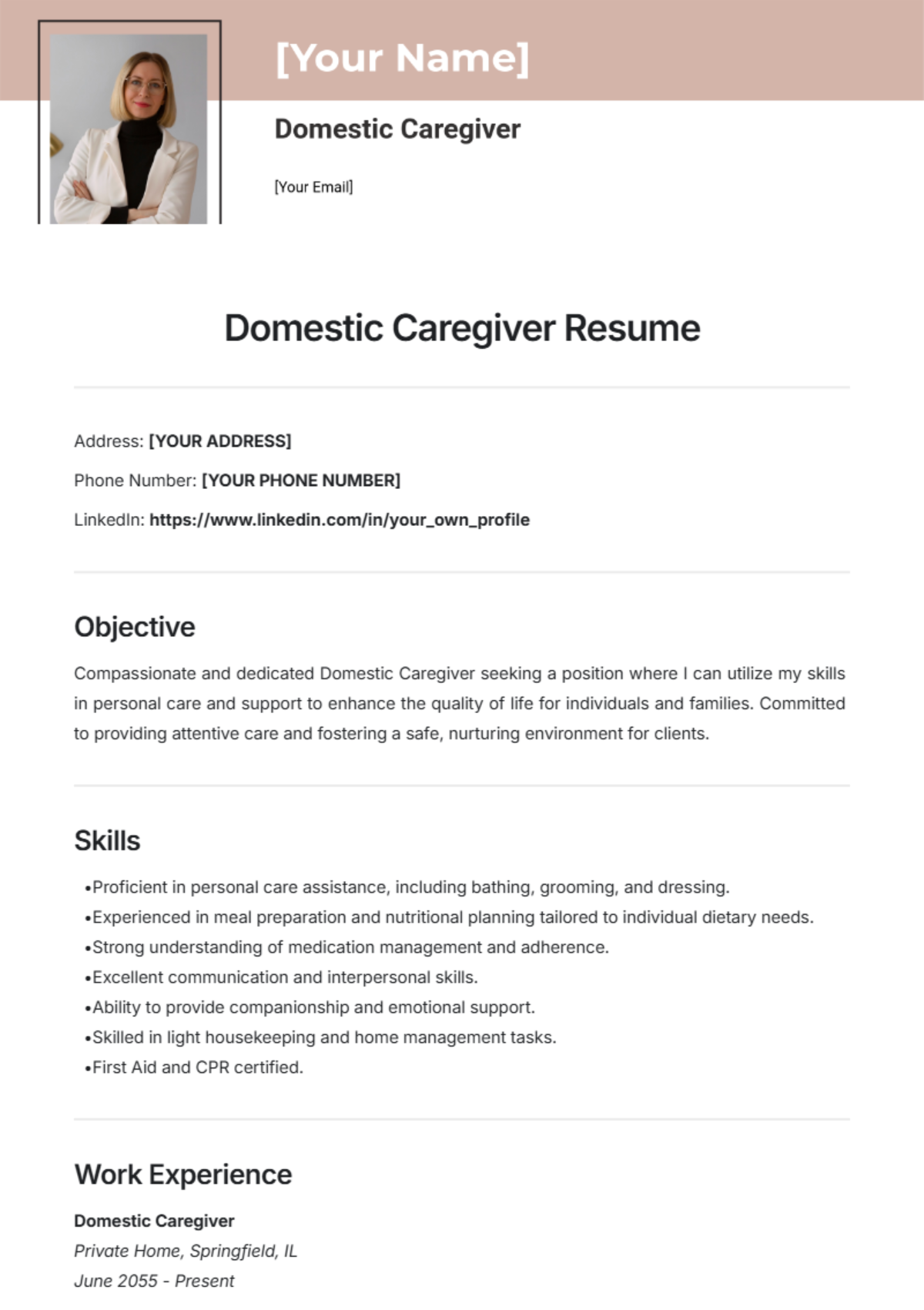 Domestic Caregiver Resume Printable Template - Edit Online & Download