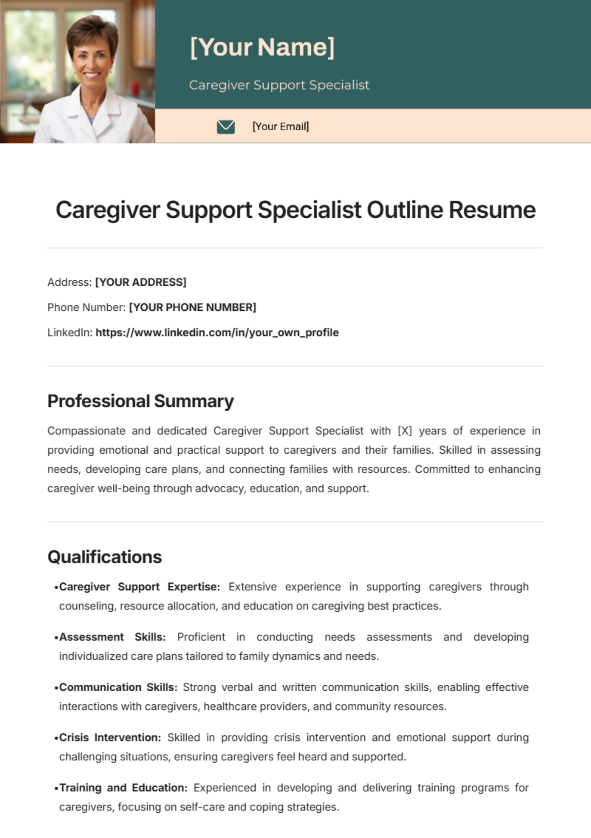 Caregiver Support Specialist Outline Resume Template - Edit Online & Download