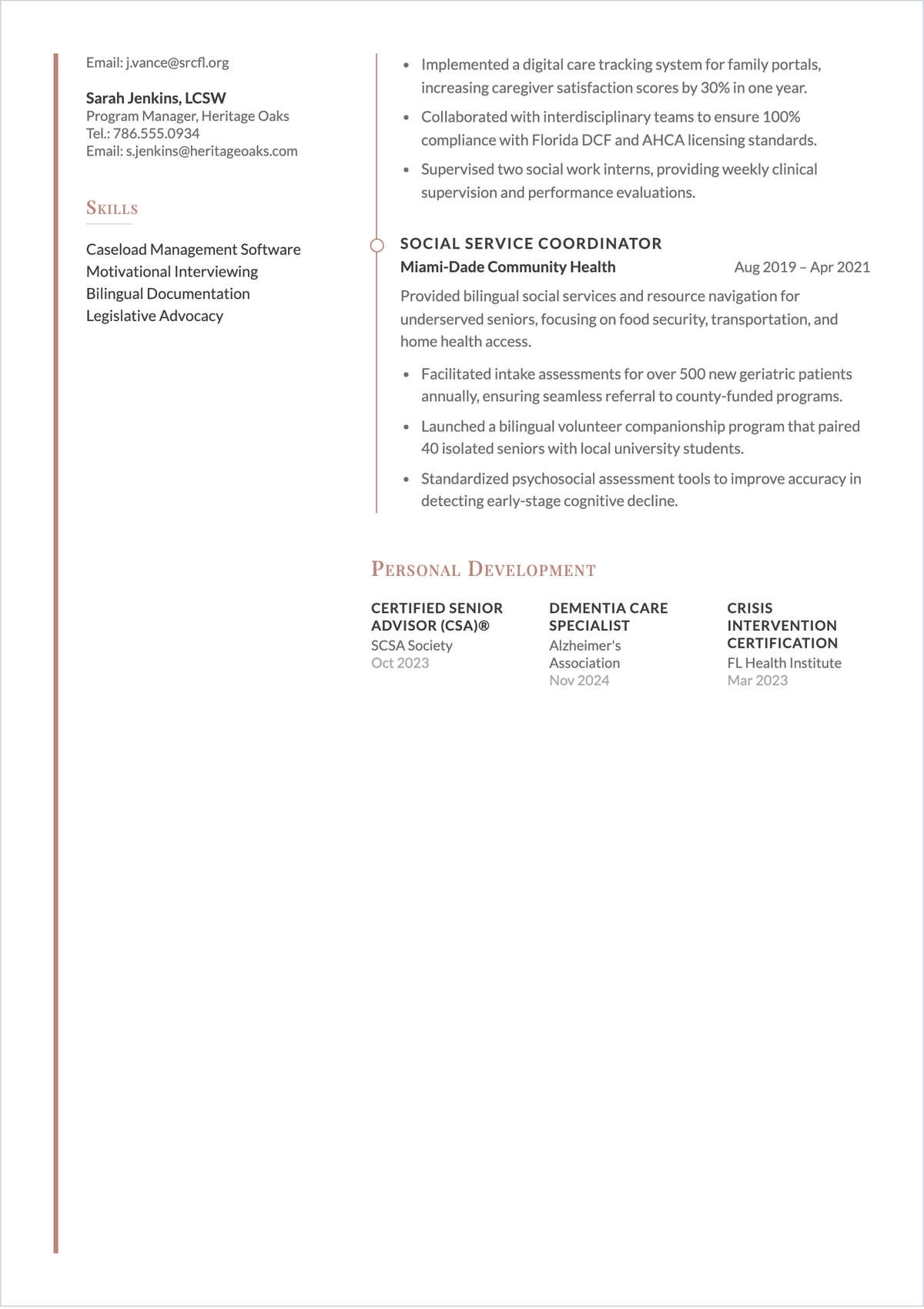 Free Caregiver Support Specialist Outline ATS Resume Template