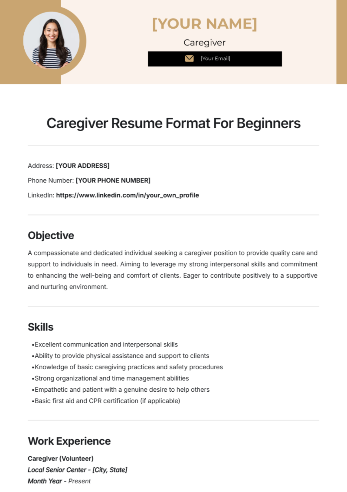 Caregiver Resume Format For Beginners Template - Edit Online & Download