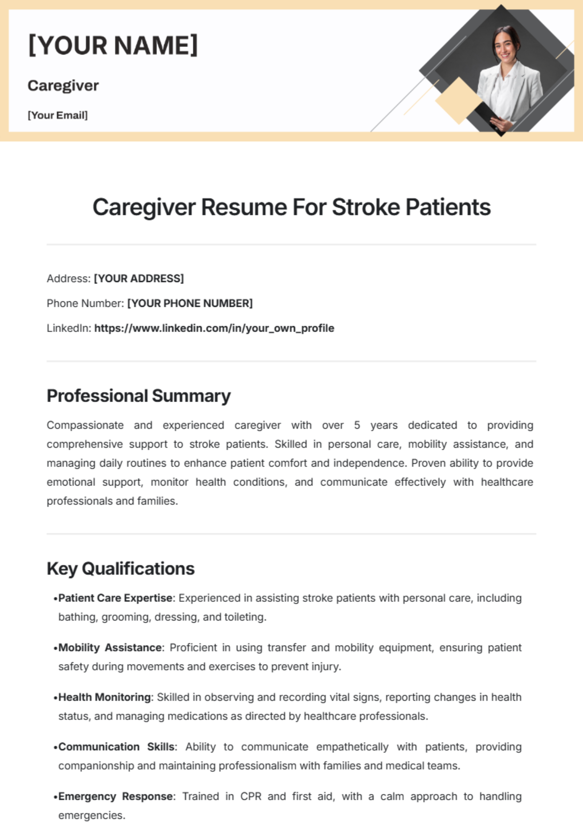 Caregiver Resume For Stroke Patients Template - Edit Online & Download