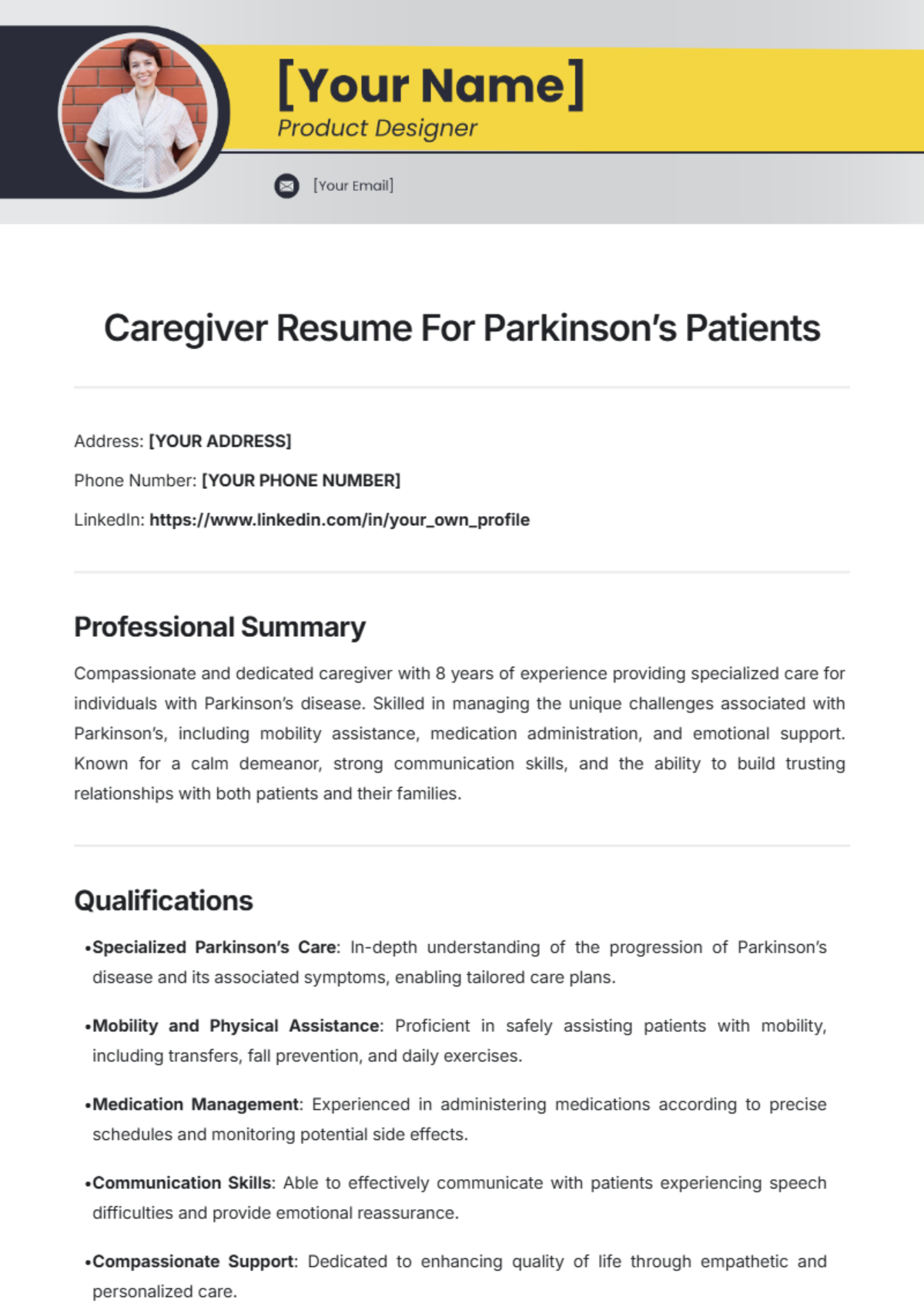 Caregiver Resume For Parkinson’s Patients Template - Edit Online & Download