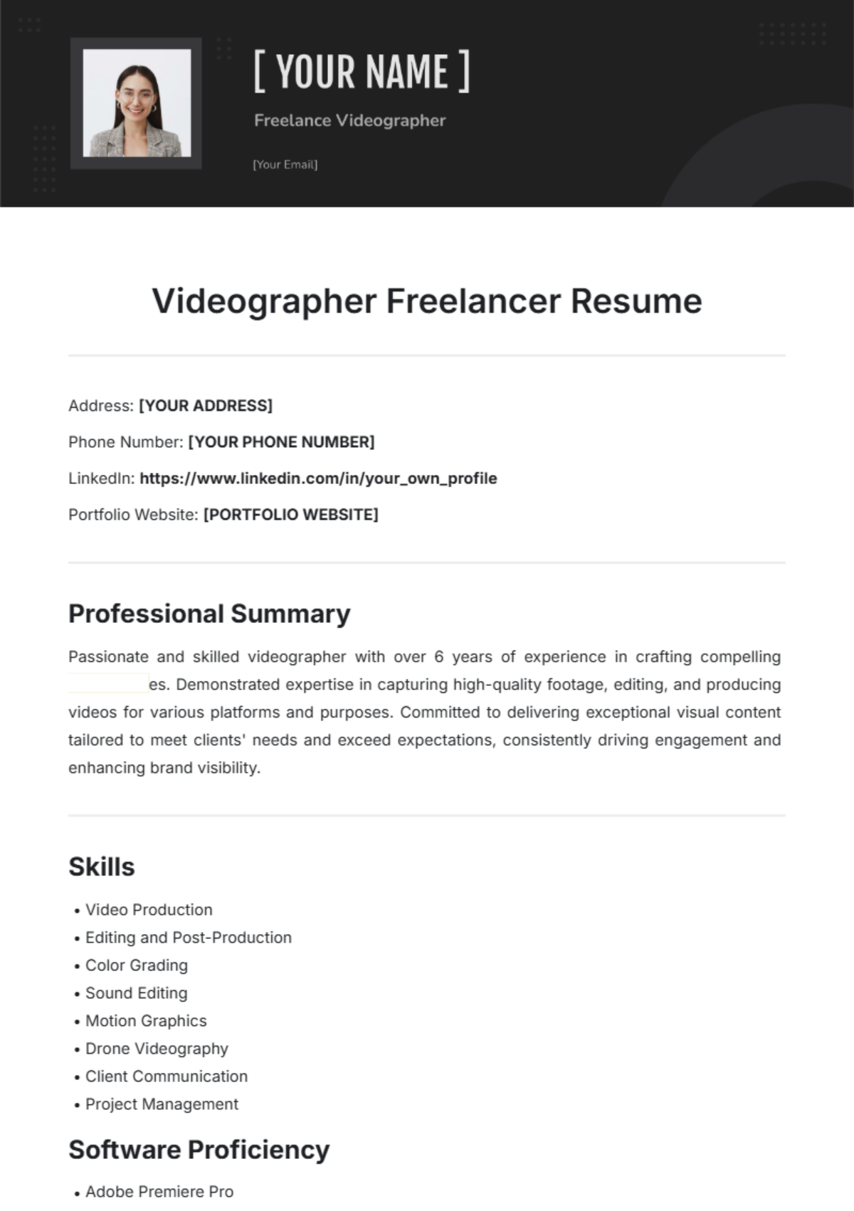 Videographer Freelancer Resume Template - Edit Online & Download