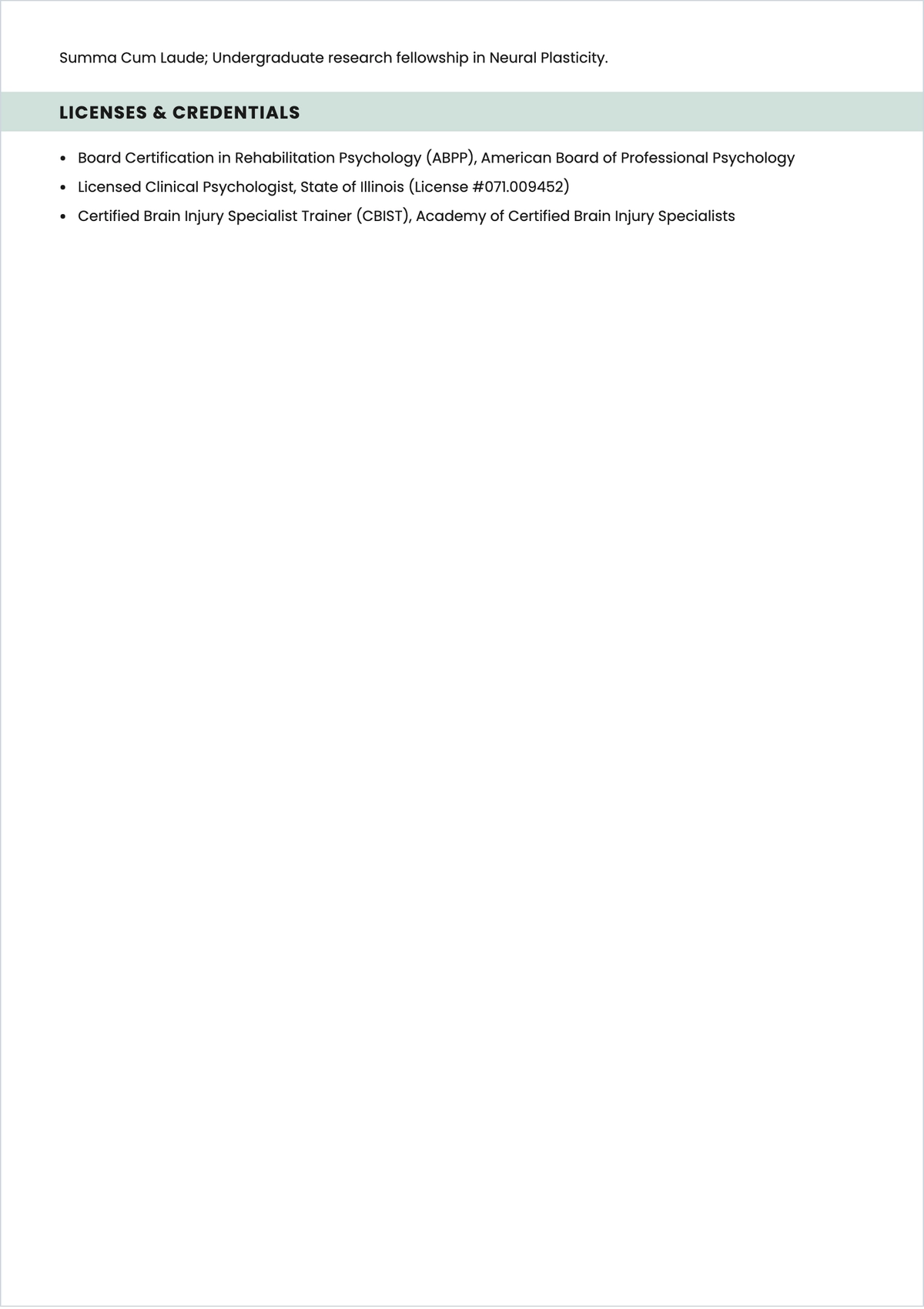 Free Rehabilitation Psychologist ATS Resume Template