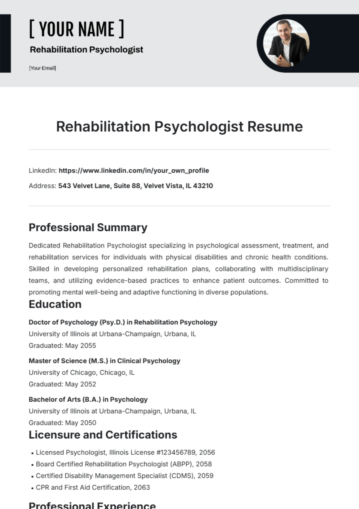 Rehabilitation Psychologist Resume Template - Edit Online & Download