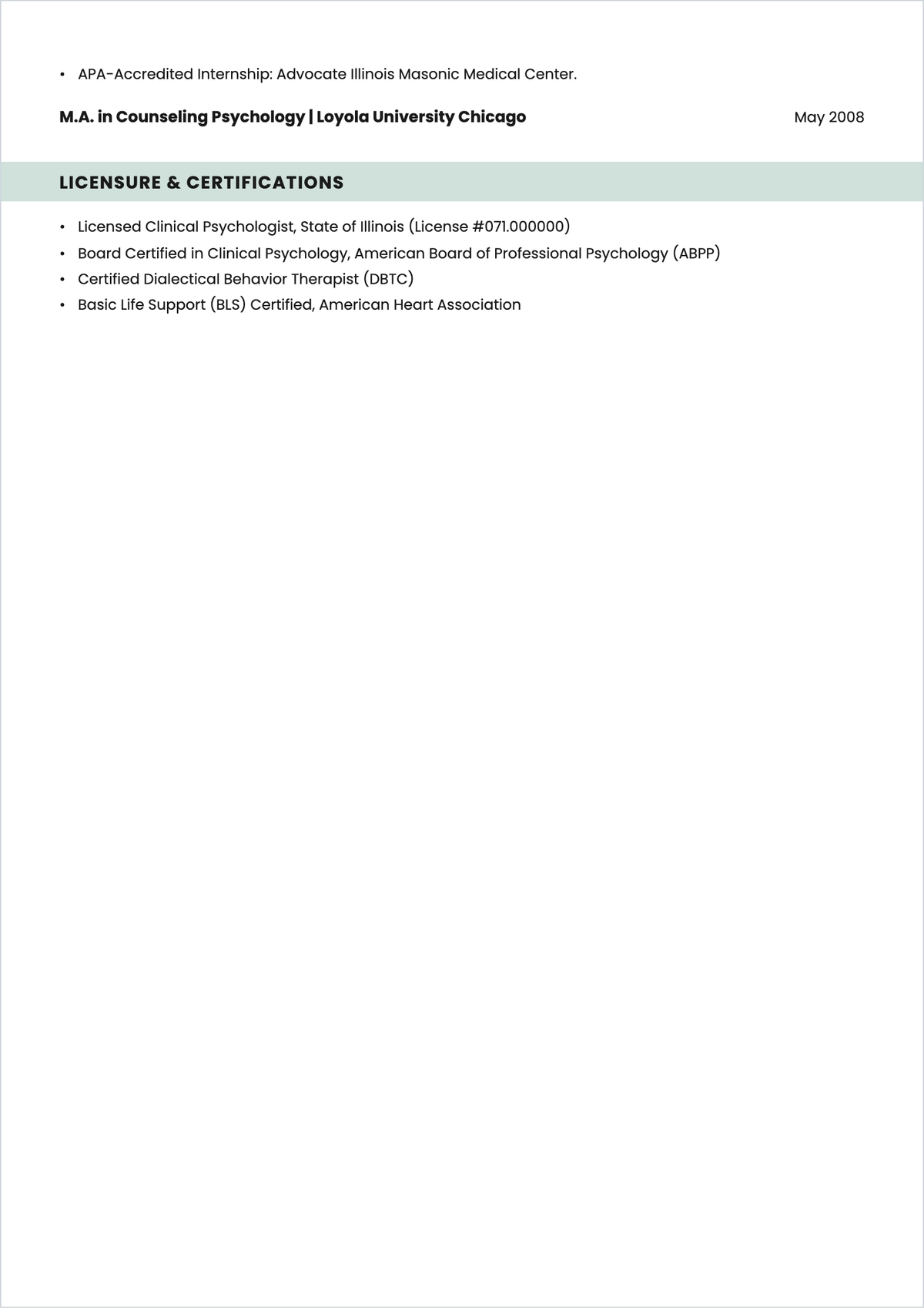 Free Professional Psychologist ATS Resume Template, AI Resume Builder