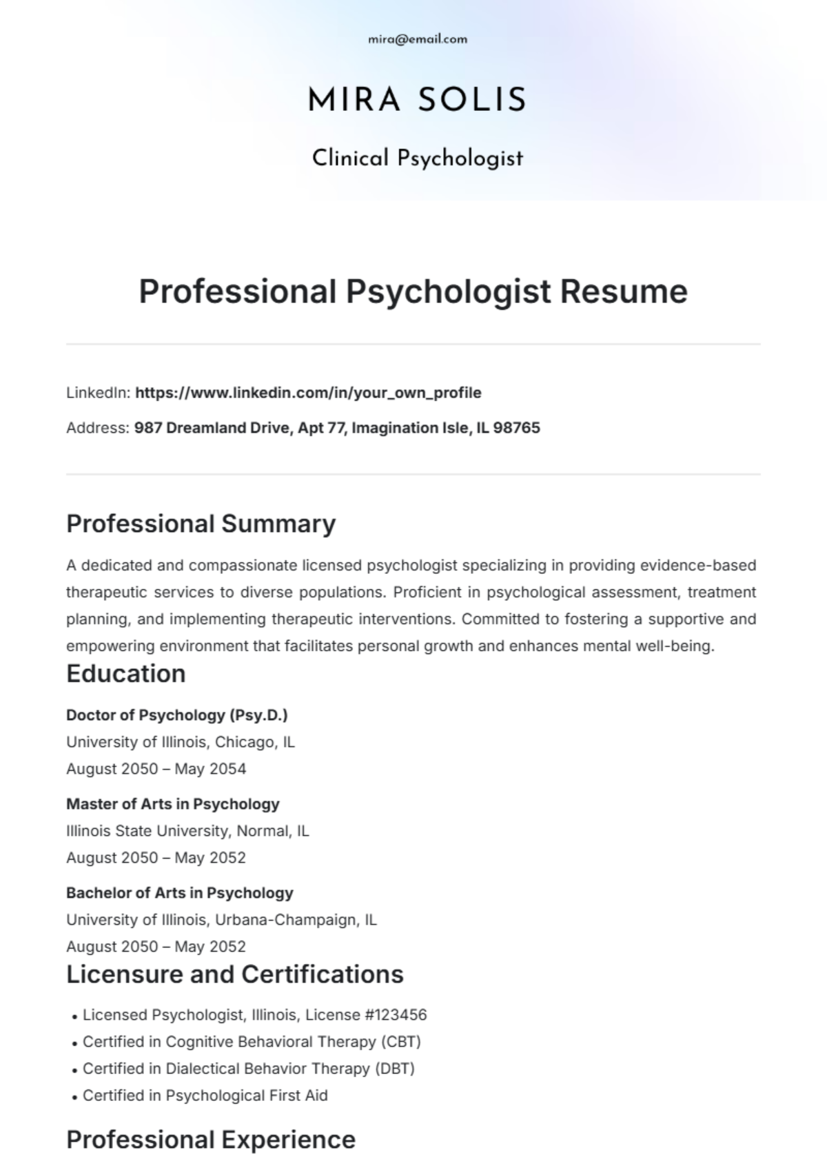 Professional Psychologist Resume Template - Edit Online & Download