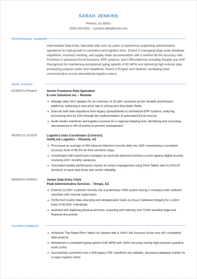 Free Data Entry Freelancer ATS Resume Template, AI Resume Builder
