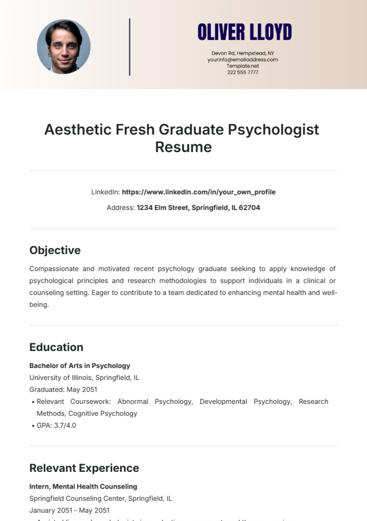 Aesthetic Fresh Graduate Psychologist Resume Template - Edit Online & Download