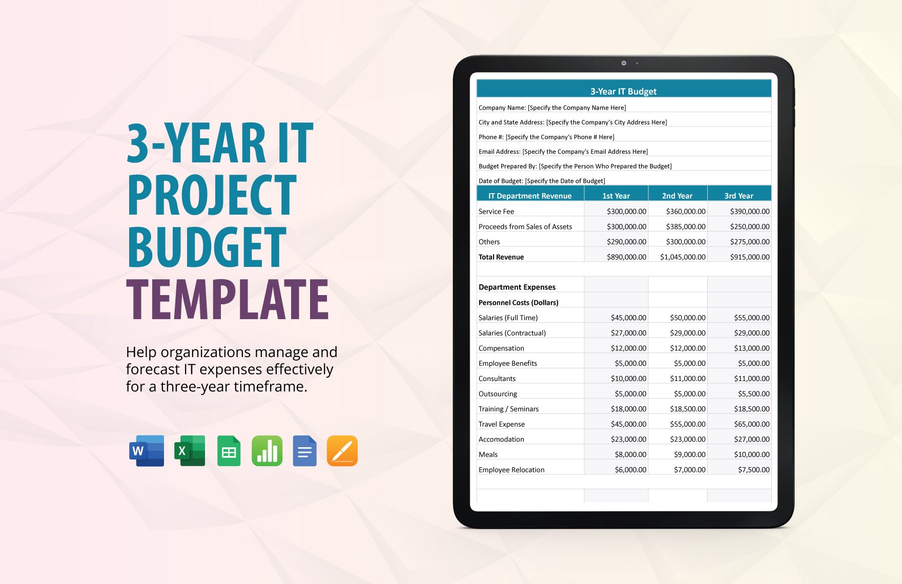 3-Year IT Project Budget Template in Word, Google Docs, Excel, Google Sheets, Apple Pages, Apple Numbers