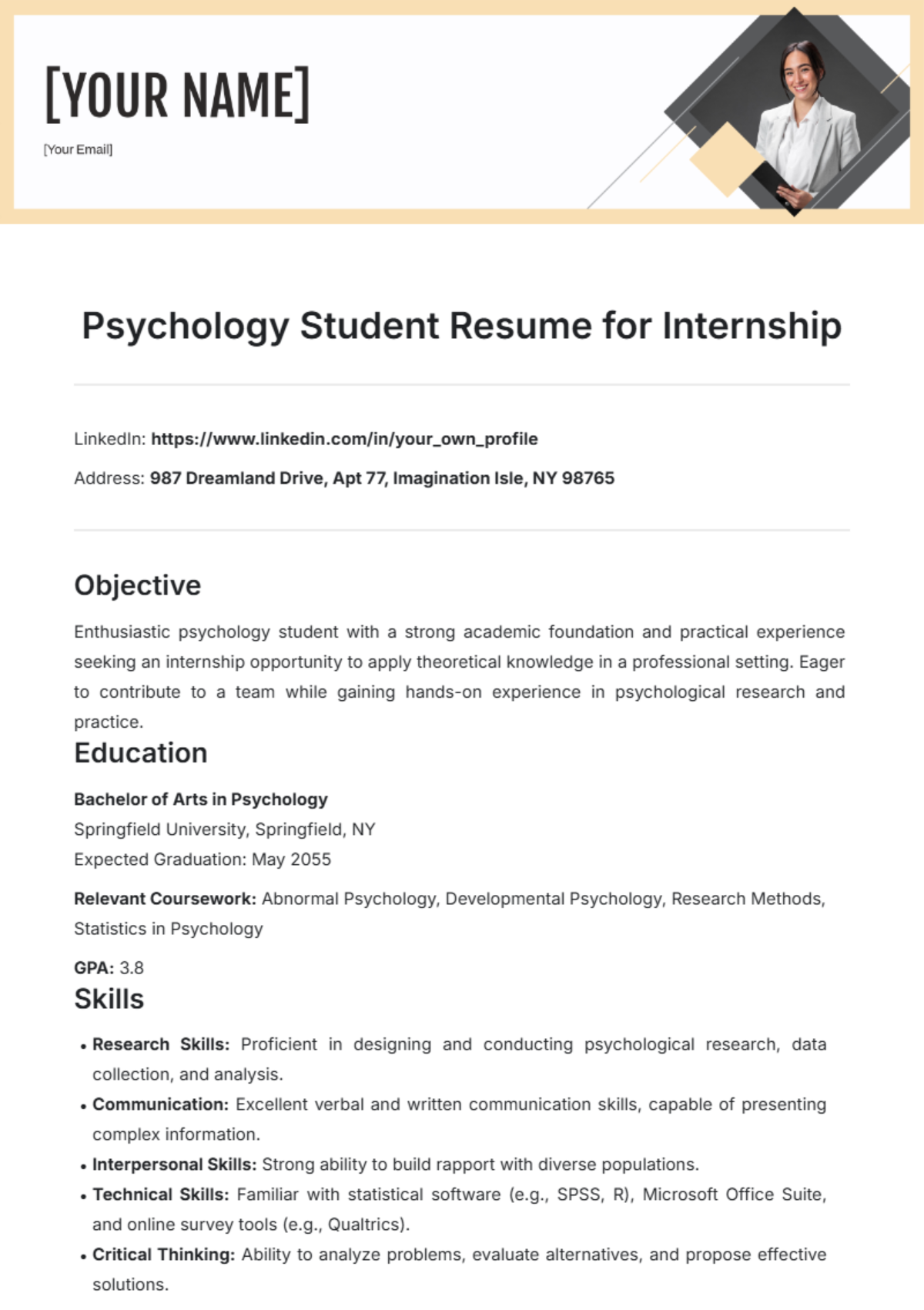 Psychology Student Resume for Internship Template - Edit Online & Download