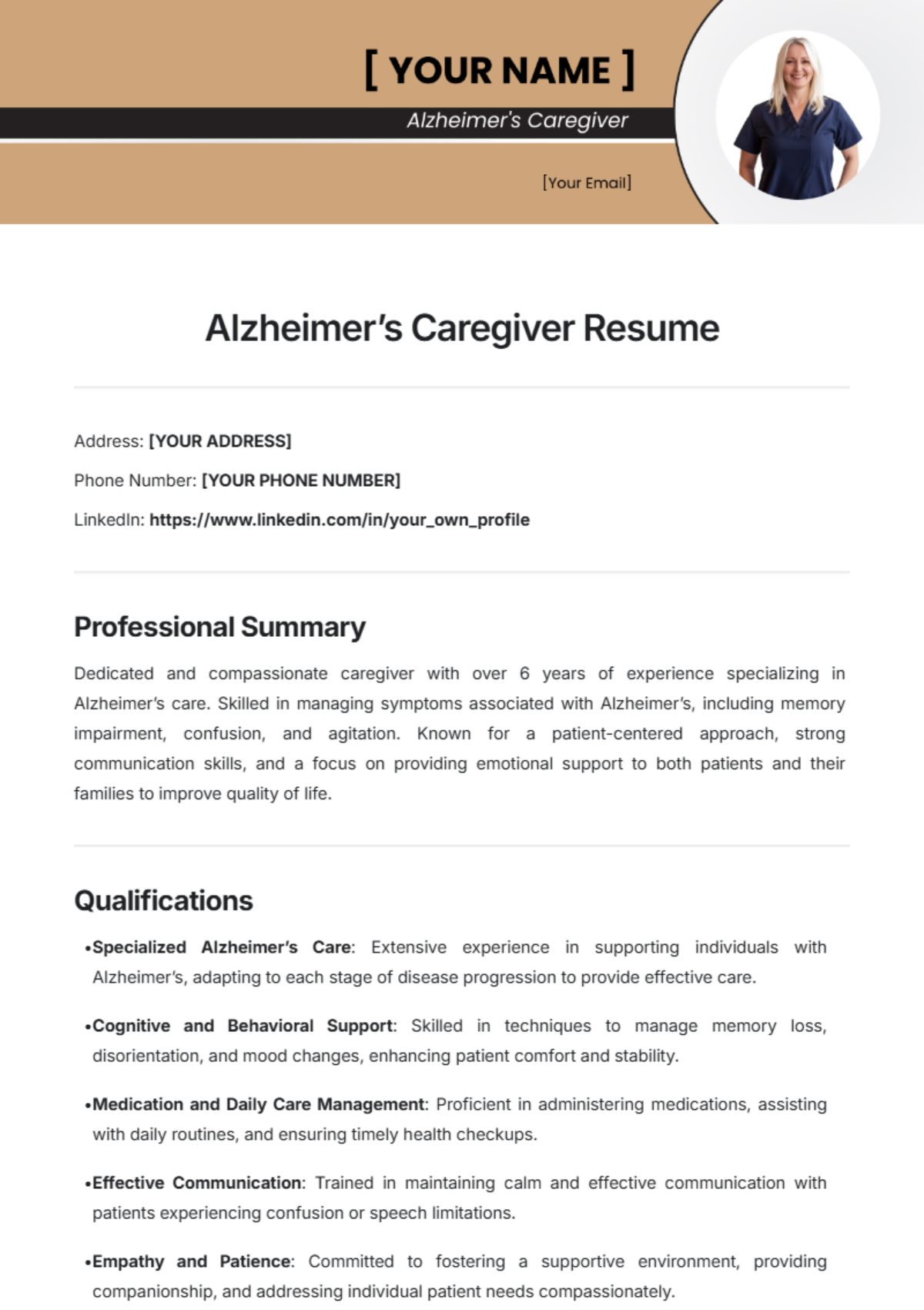 Alzheimer’s Caregiver Resume Template - Edit Online & Download