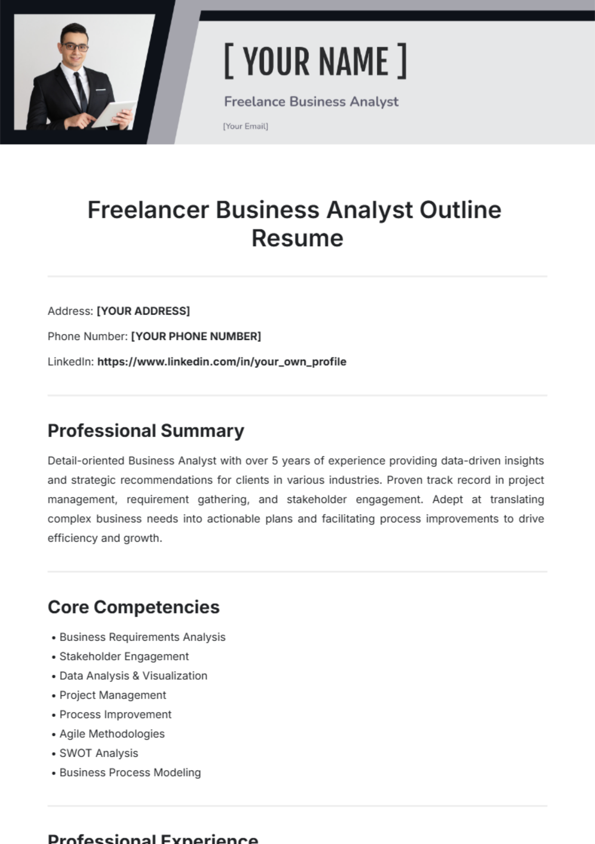 Freelancer Business Analyst Outline Resume Template - Edit Online & Download