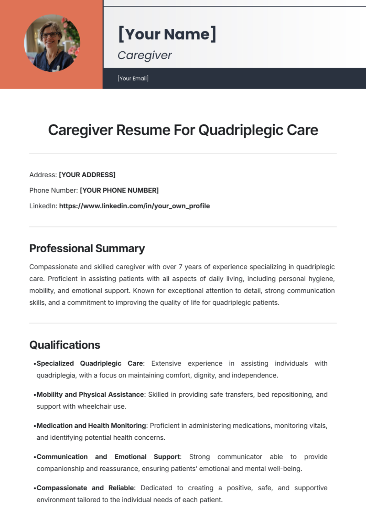 Caregiver Resume For Quadriplegic Care Template - Edit Online & Download