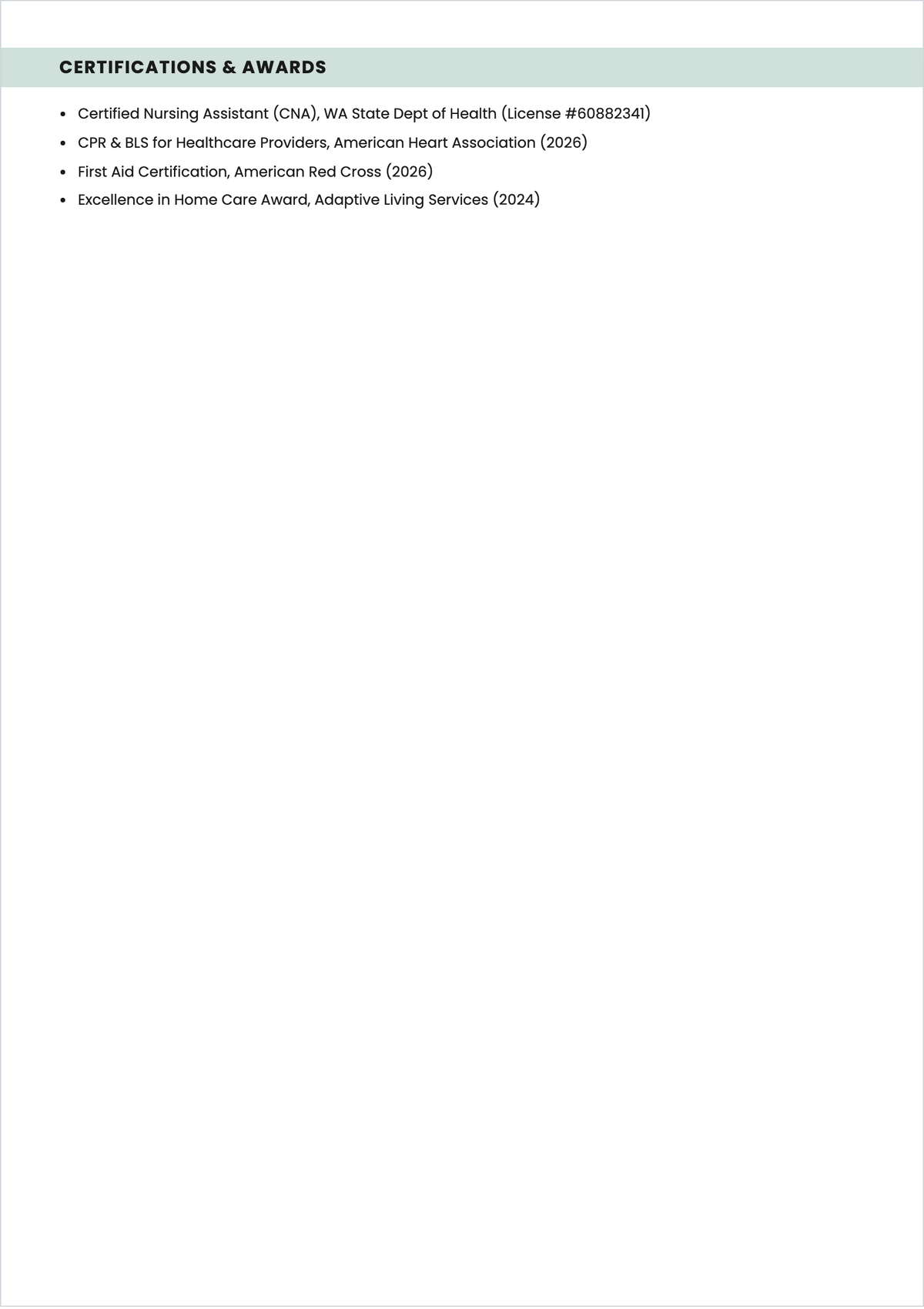 Free Caregiver ATS Resume For Quadriplegic Care Template