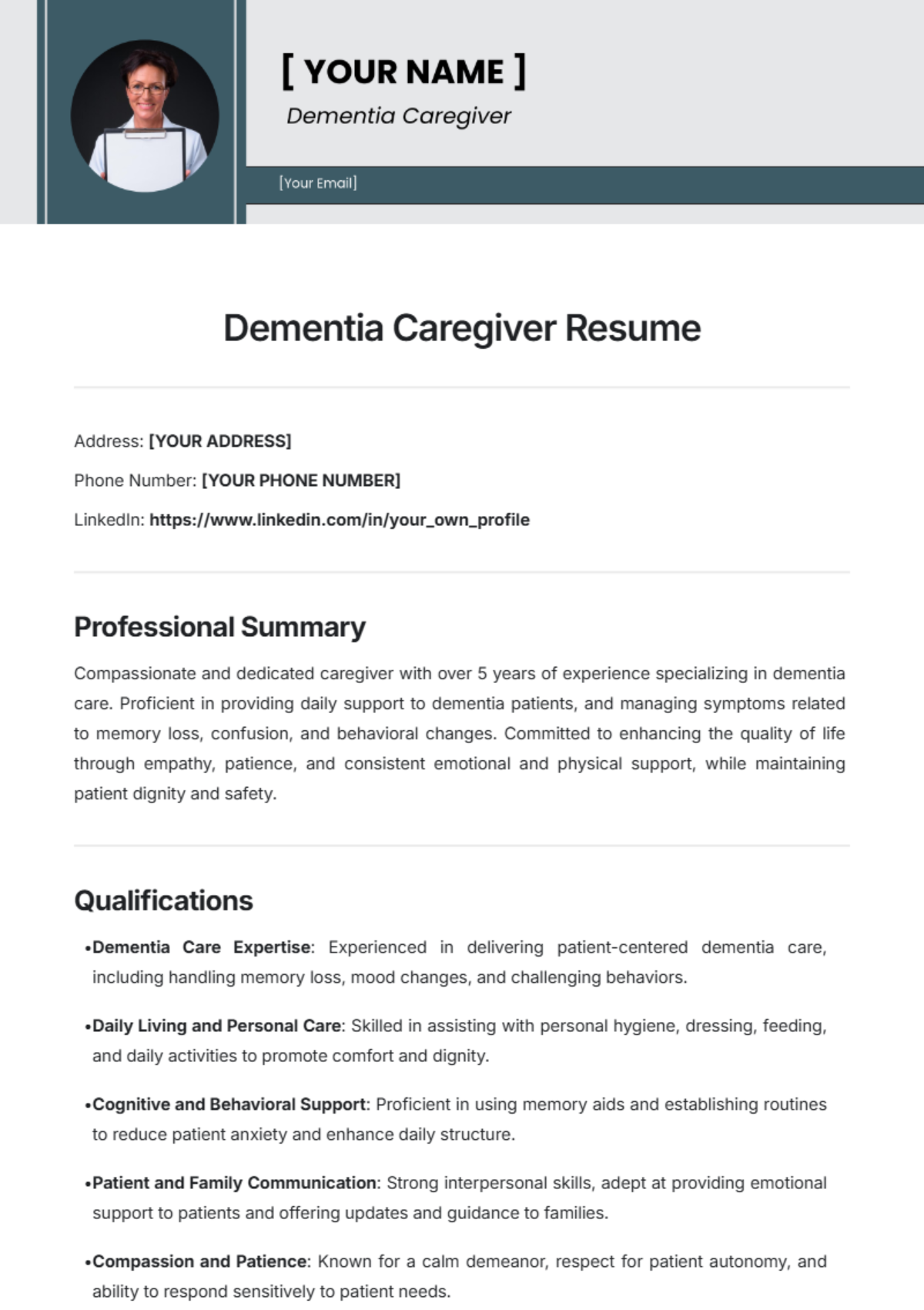 Dementia Caregiver Resume Template - Edit Online & Download