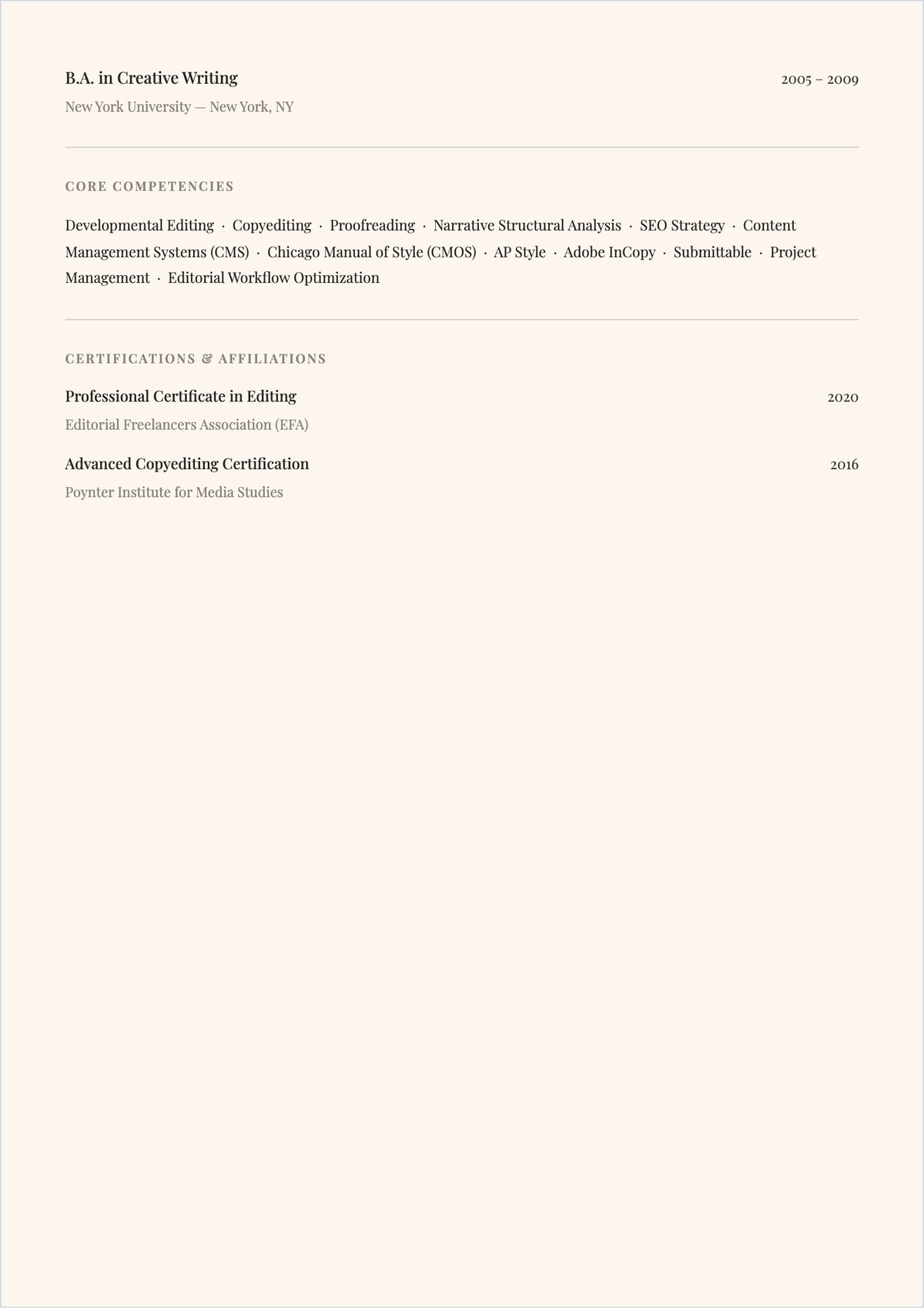 Free Professional Editor Freelancer ATS Resume Template