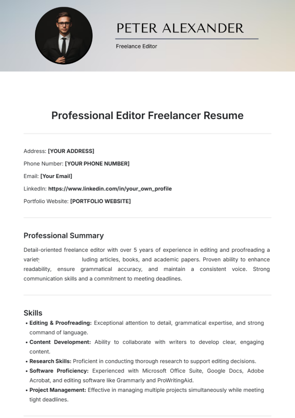 Professional Editor Freelancer Resume Template - Edit Online & Download