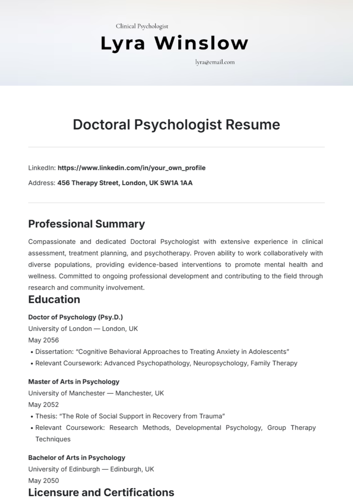 Doctoral Psychologist Resume Template - Edit Online & Download