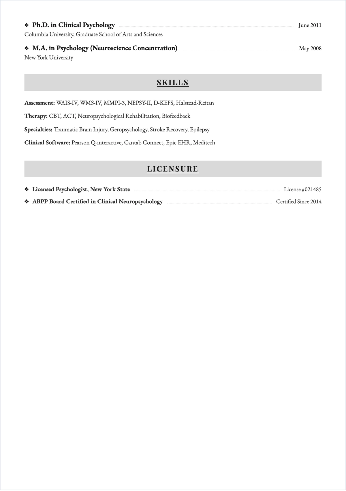 Free Doctoral Psychologist ATS Resume Template, AI Resume Builder
