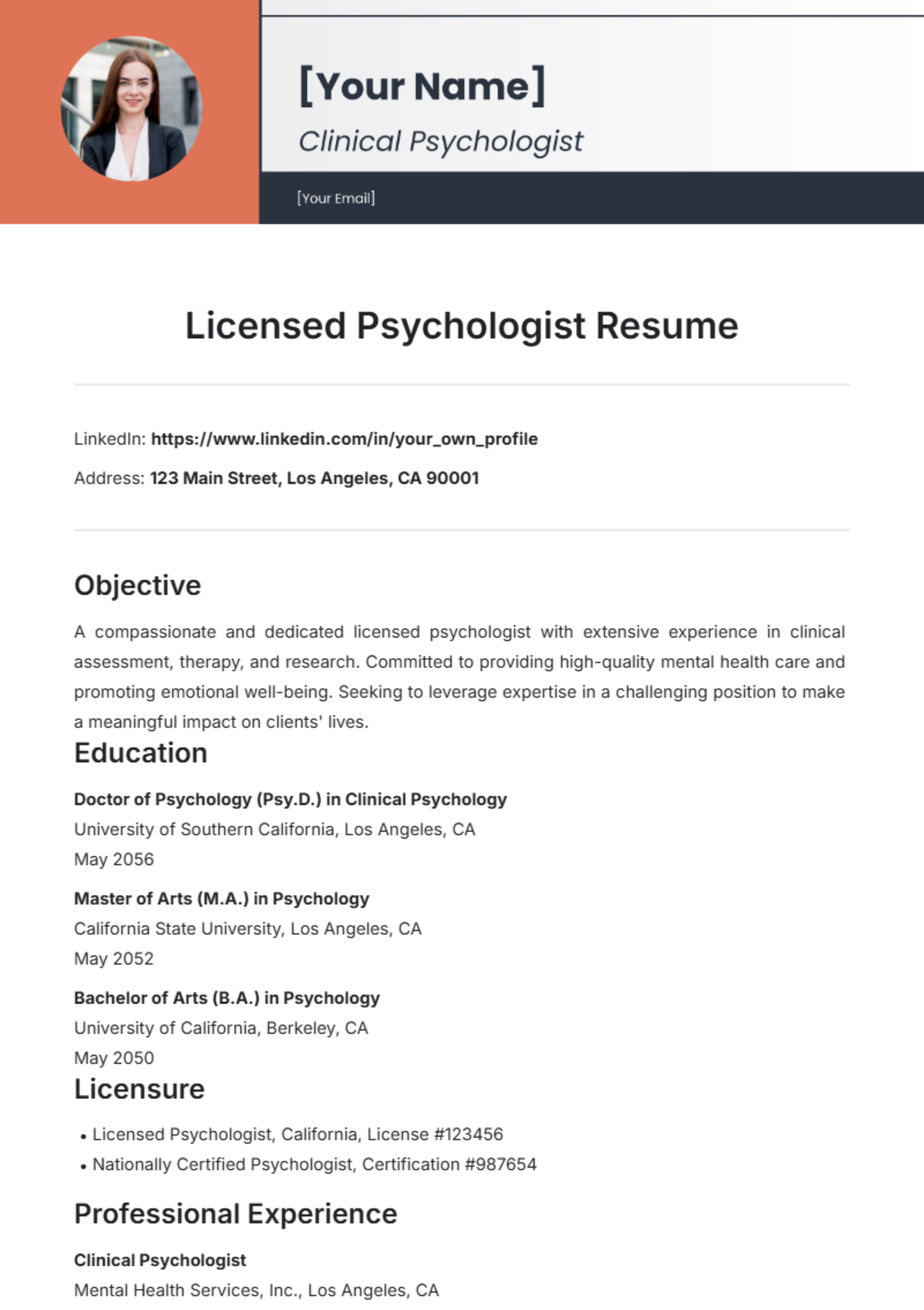 License Psychologist Resume Template - Edit Online & Download