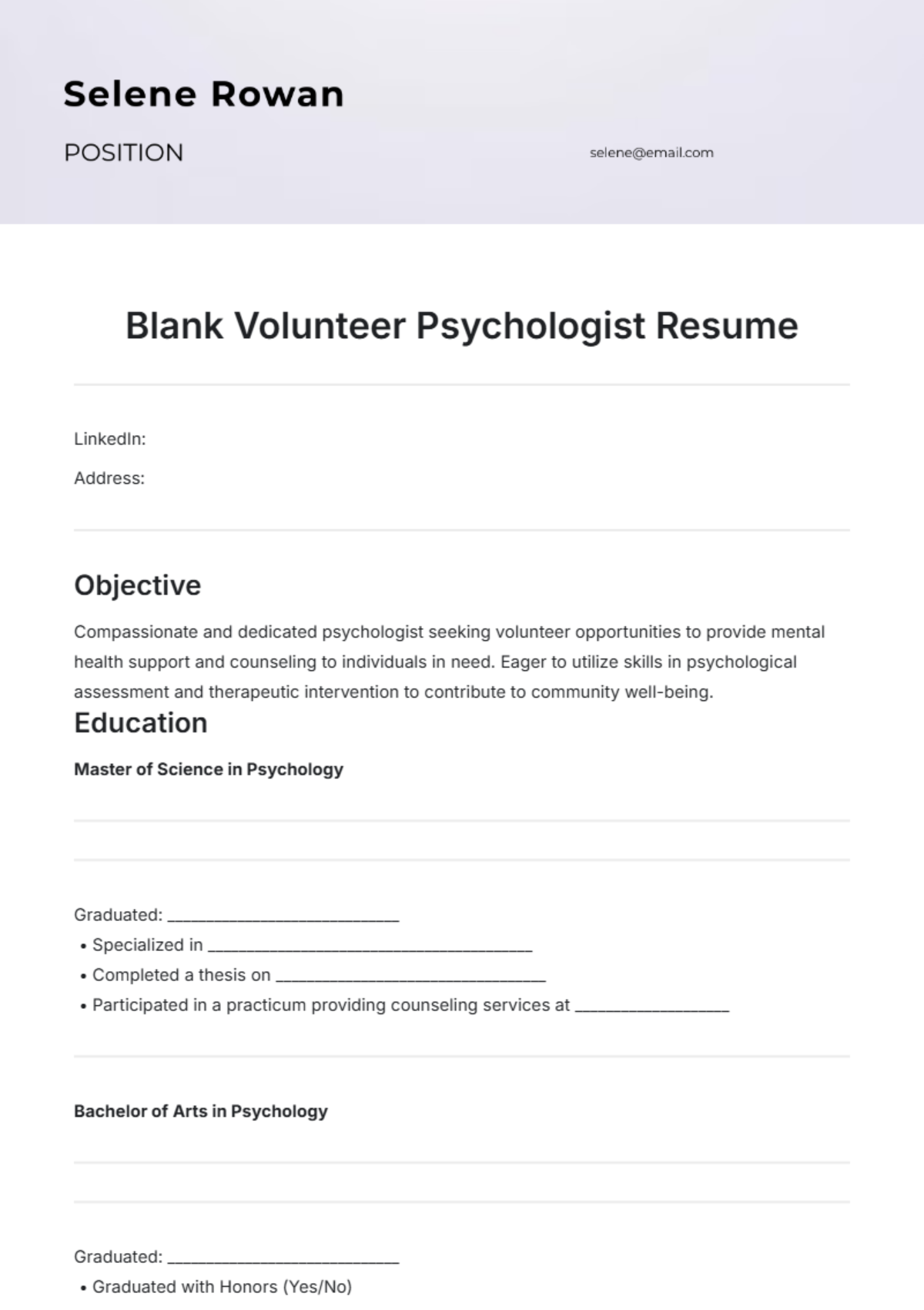 Blank Volunteer Psychologist Resume Template - Edit Online & Download