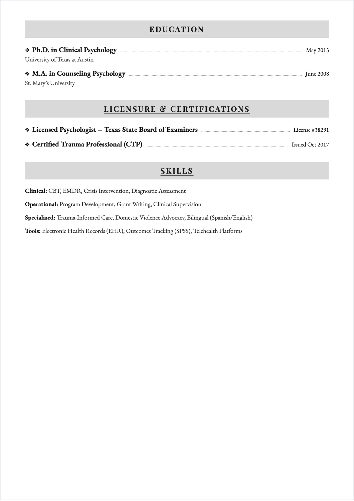 Free Blank Volunteer Psychologist ATS Resume Template