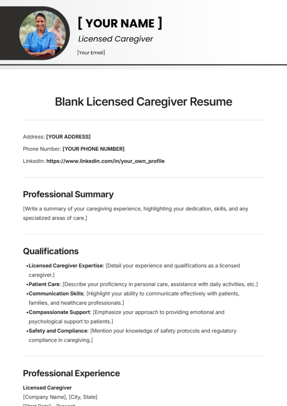 Blank Licensed Caregiver Resume Template - Edit Online & Download