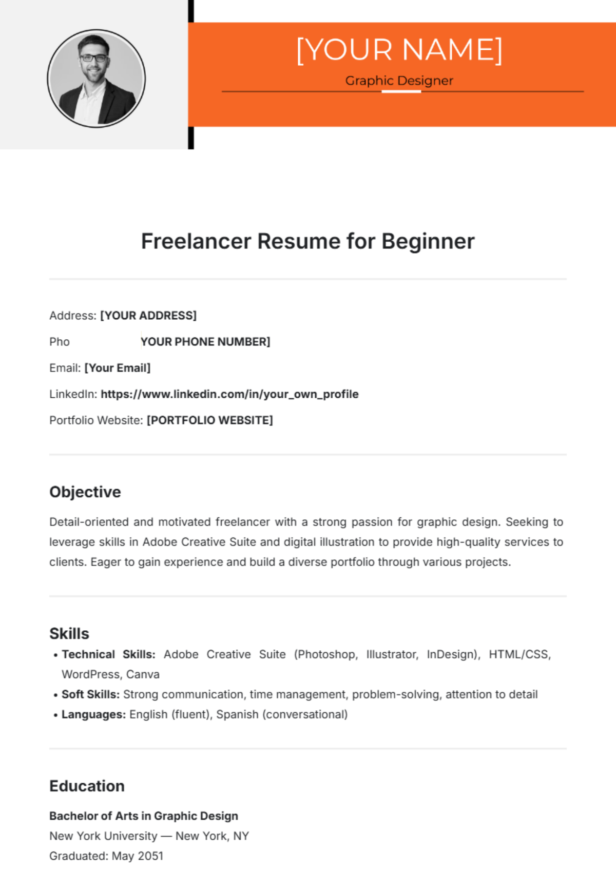 Freelancer Resume for Beginner Template - Edit Online & Download