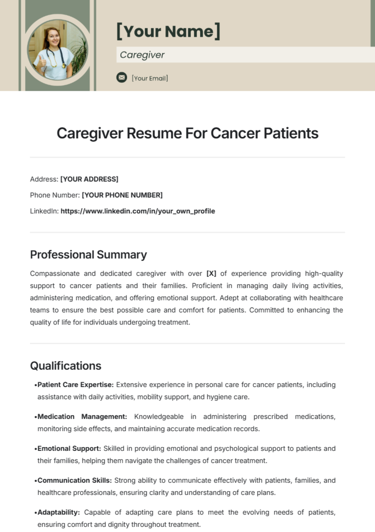 Caregiver Resume For Cancer Patients Template - Edit Online & Download