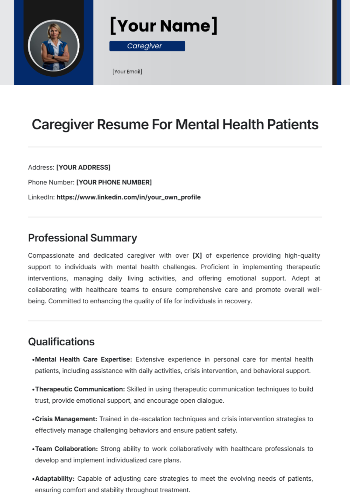 Caregiver Resume For Mental Health Patients Template - Edit Online & Download