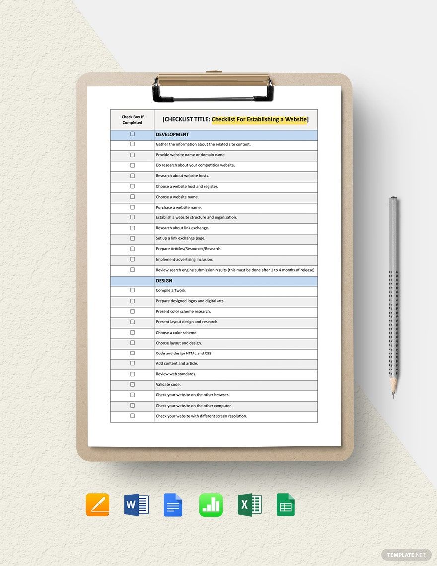 Checklist - For Establishing a Website Template in Google Sheets, Google Docs, Apple Numbers, Word, Pages, Excel - Download | Template.net