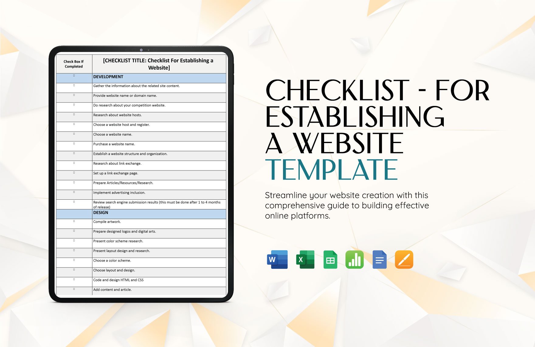 Free Checklist - For Establishing a Website Template in Word, Google Docs, Excel, Google Sheets, Apple Pages, Apple Numbers