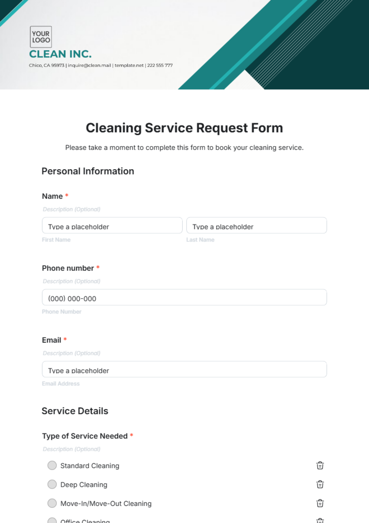 Cleaning Service Request Form Template