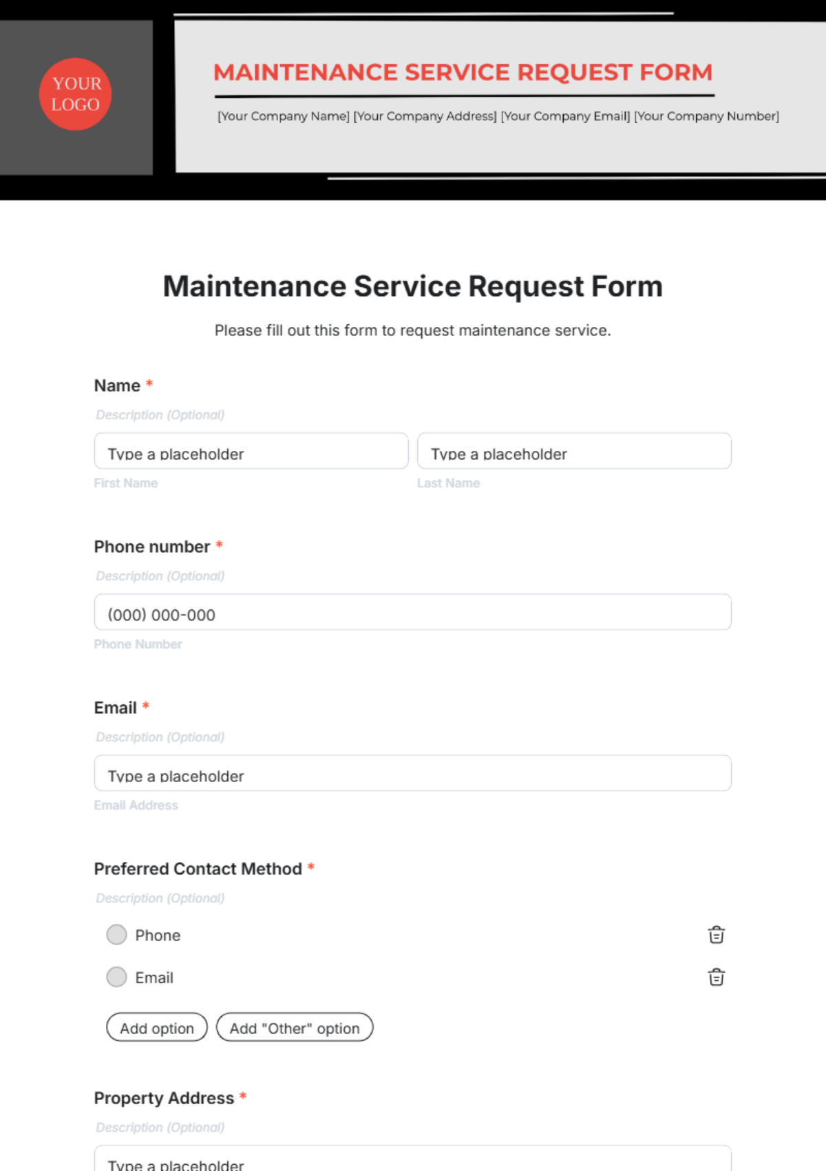 Maintenance Service Request Form Template