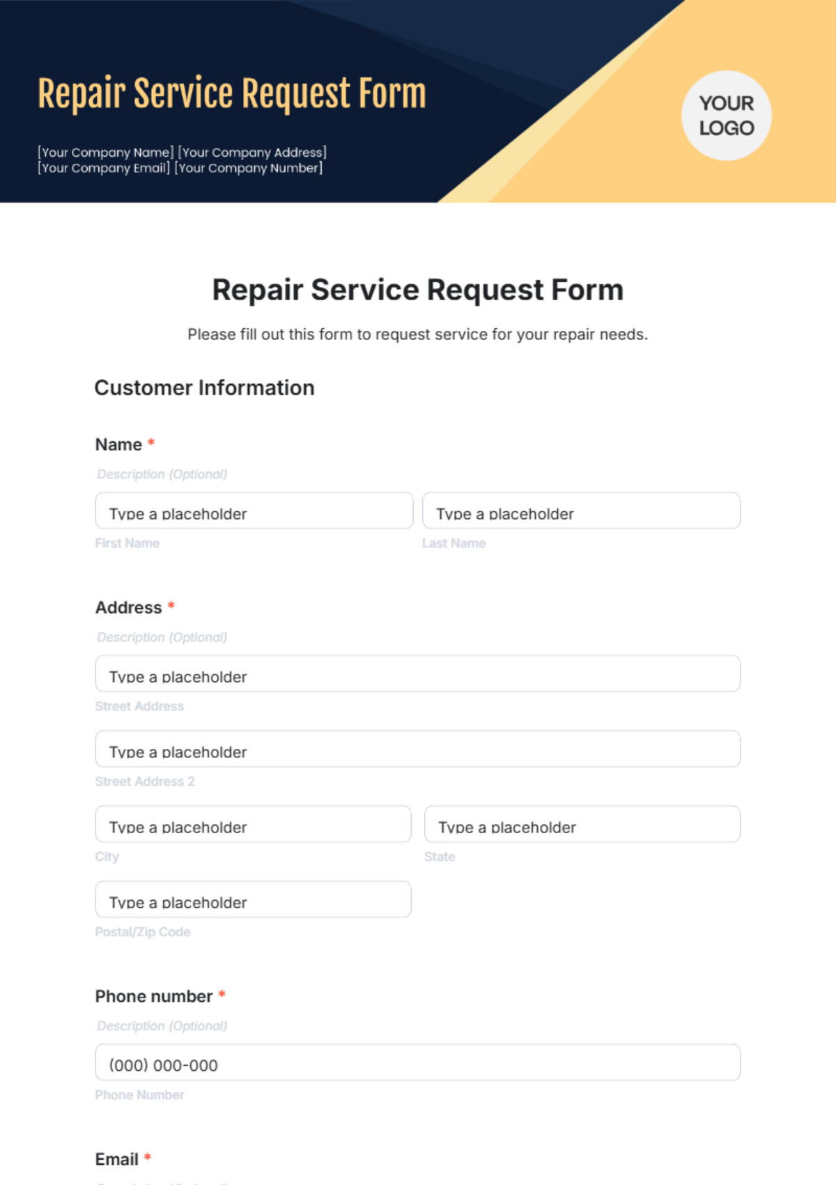 Repair Service Request Form Template