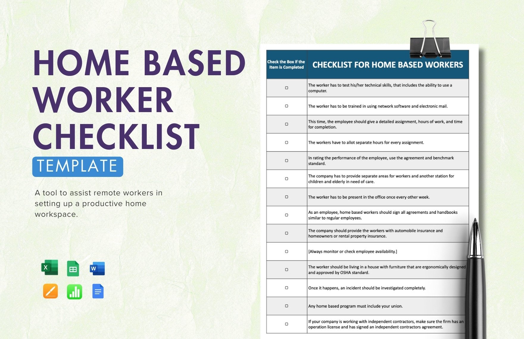 Home Based Worker Checklist Template in Word, Google Docs, Excel, Google Sheets, Apple Pages, Apple Numbers