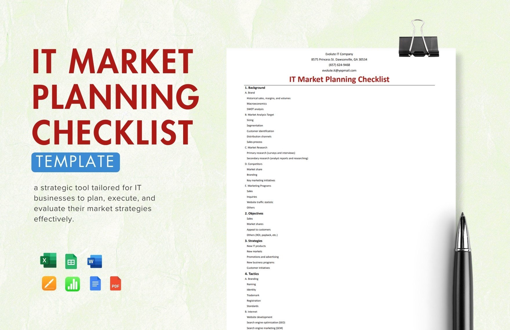 IT Market Planning Checklist Template in Word, Google Docs, Excel, Google Sheets, Apple Pages, Apple Numbers