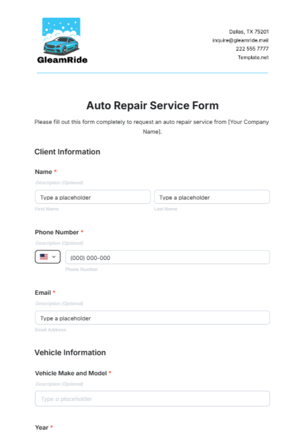 Auto Repair Service Form Template - Edit Online & Download