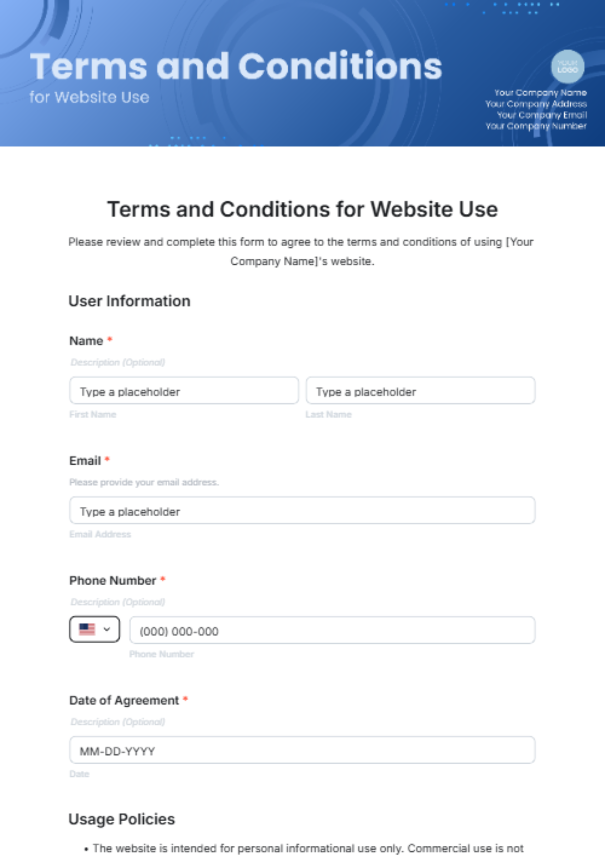 Terms and Conditions for Website Use Template - Edit Online & Download